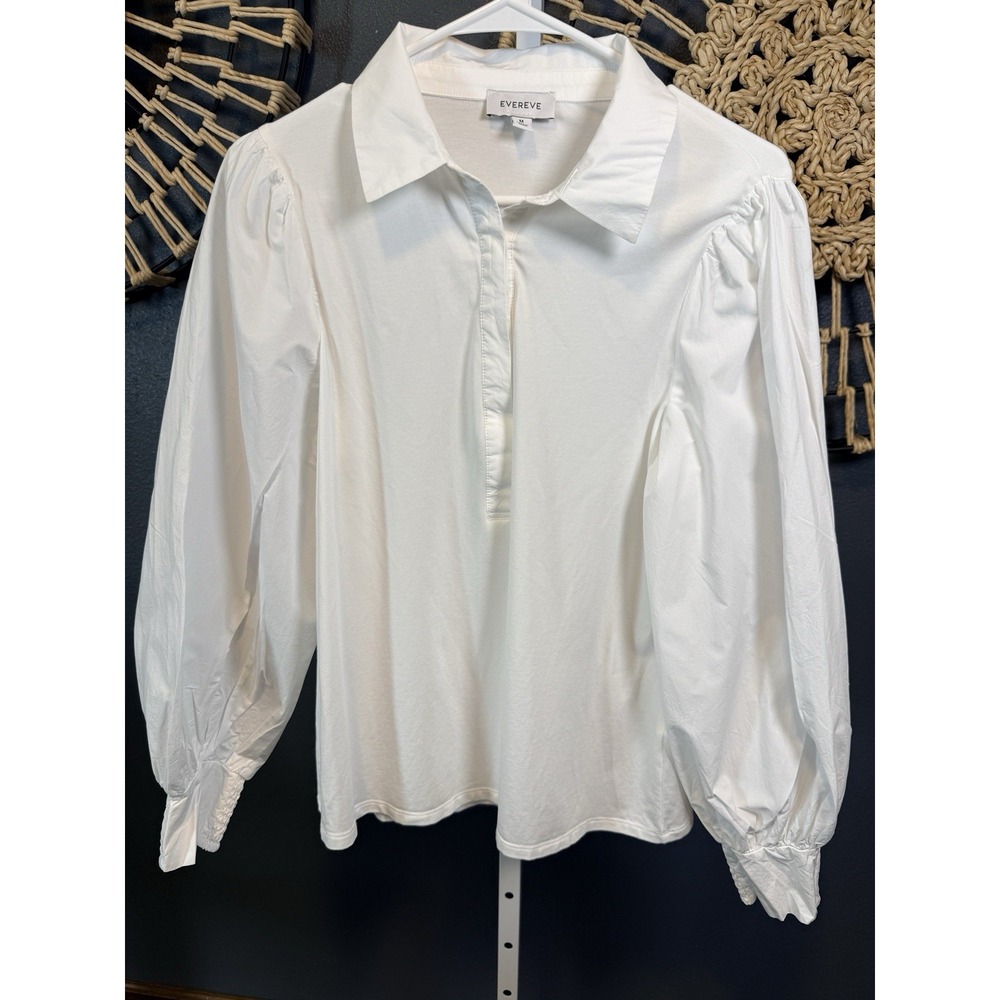 EVEREVE Nelly Mixed Media Top White Long Sleeve Classic half front button Sz M - Picture 6 of 11
